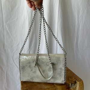 Chelsea 28 Silver Metallic Leather Crossbody Handbag Silver Chain Trim & Strap